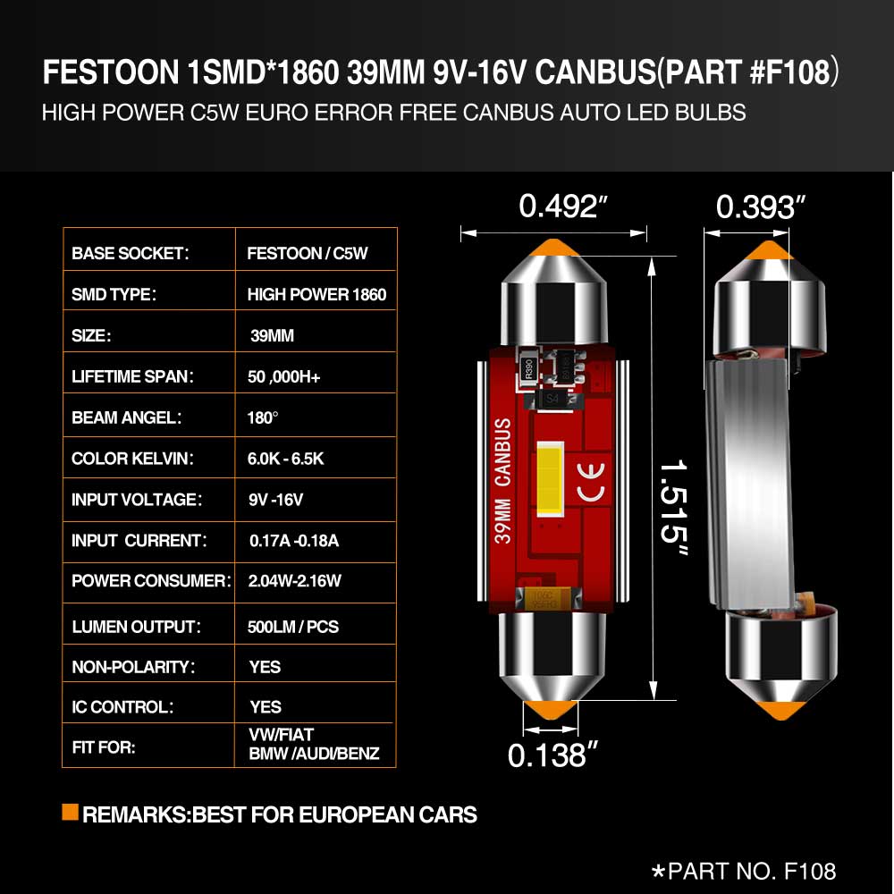 Ampoule LED C5W C10W Canbus 31mm 36mm 39mm 41mm Festoon Led
