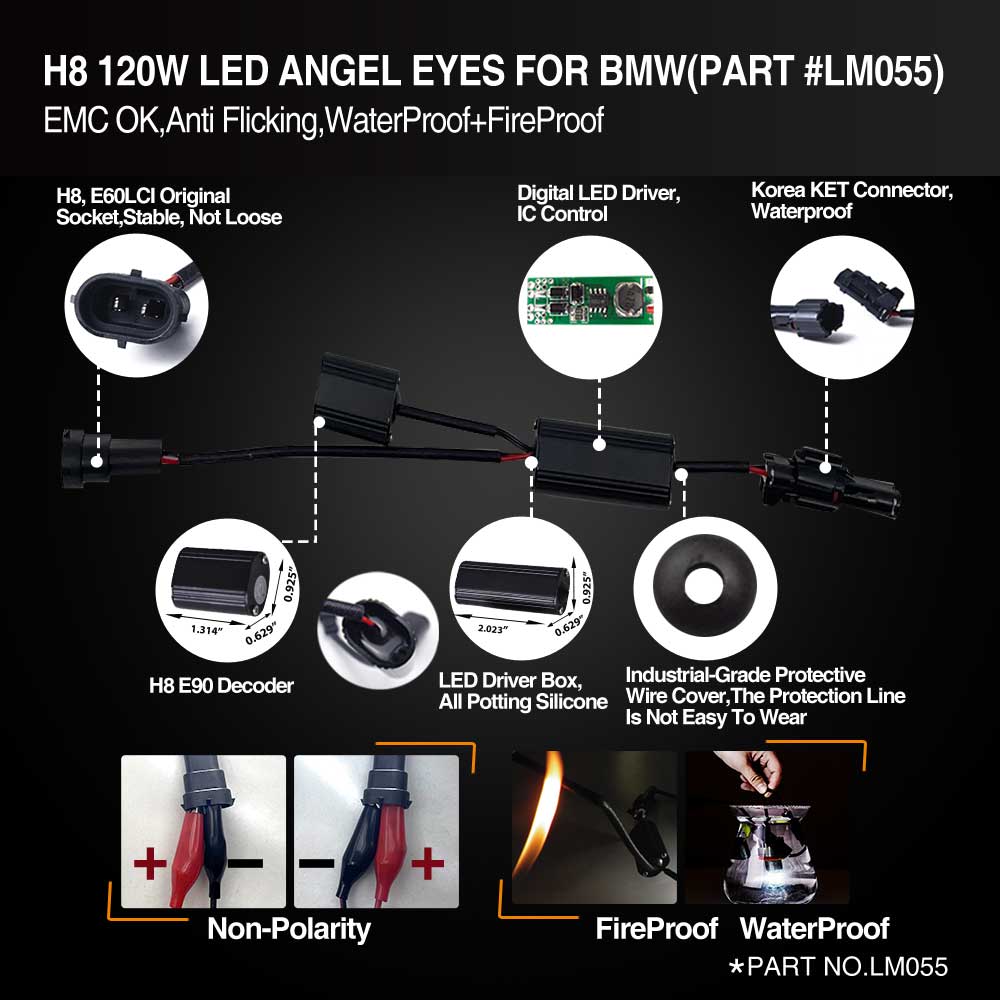 Mega 80W 7000K White H8 LED Angel Eyes Ring Marker Bulbs For BMW 1
