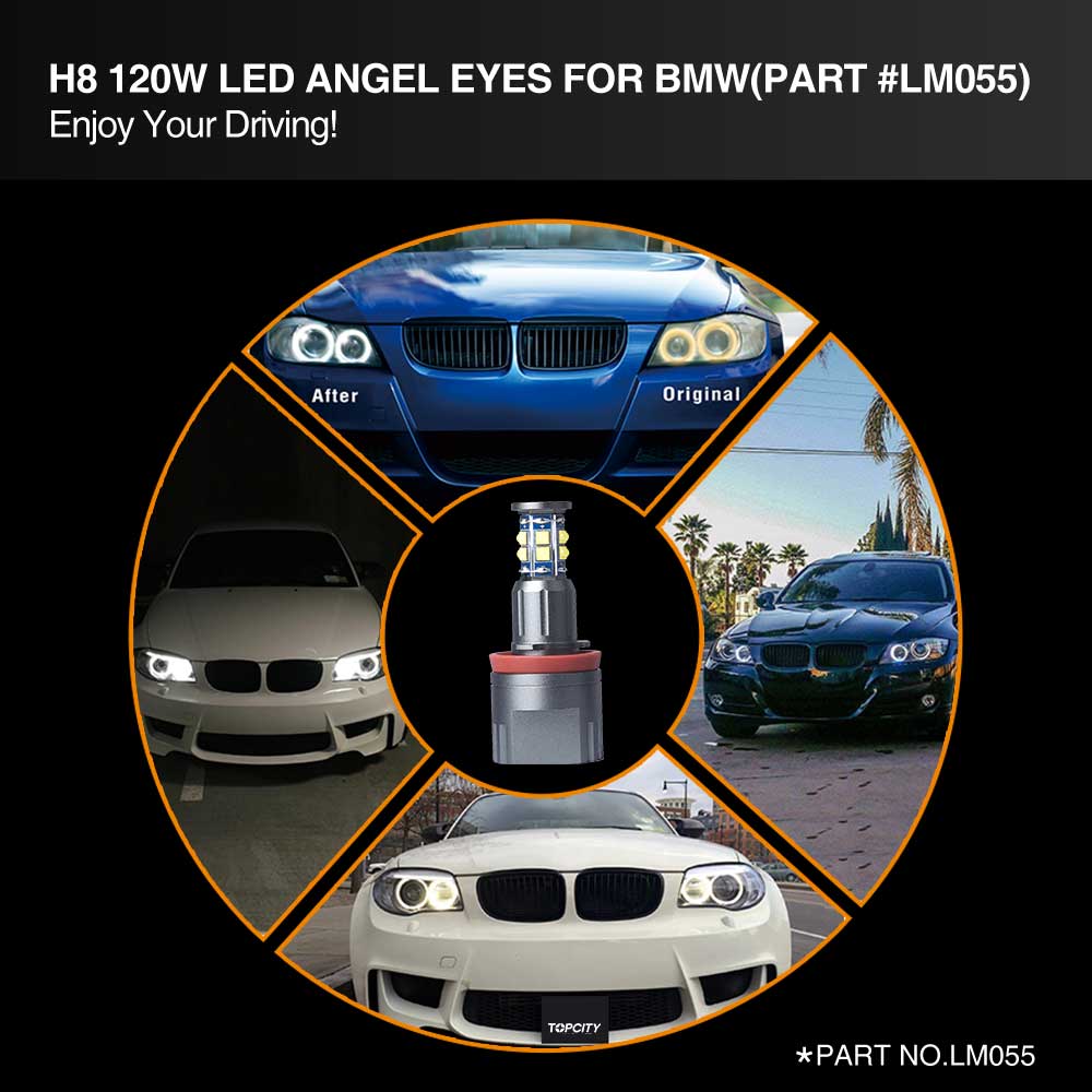 iJDMTOY (2 White H8 LED Angel Eyes Compatible with BMW 128i 135i 1M 328i  335i M3 535i 550i M5 Z4 X1 X5 X6, (2) Halo Ring Marker Bulbs Powered by 20W