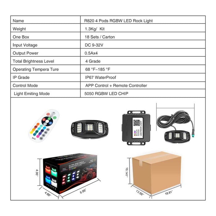 r820 4 pods 232.8  rock lights specifications,rock lights for trucks,led rock lights,topcity mictuning rock lights,RGBW rock lights,rock lights jeep,best rock lights,best rock lights for trucks,brightest rock lights,rgbw rock lights,rock lights for utv,rock lights for atv,5150 rock lights,rock lights 4x4,rgbw led rock lights,rock led,red rock lights,pure white rock lights,jeep wrangler rock lights,amber rock lights,rock lights for cars,topcity r820 4 pods rgbw led rock lights for turcks jeep atv utv cars